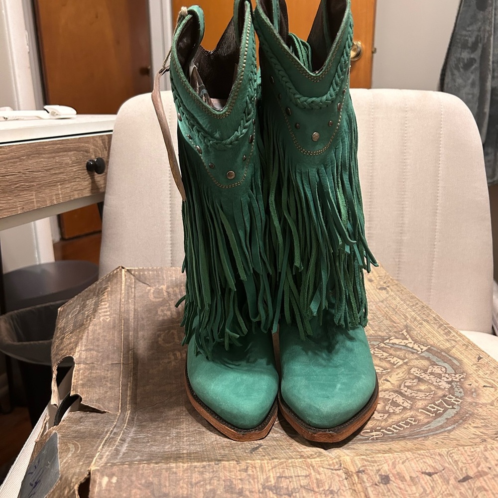 LIBERTY Black Western Green Fringe Ankle Boots